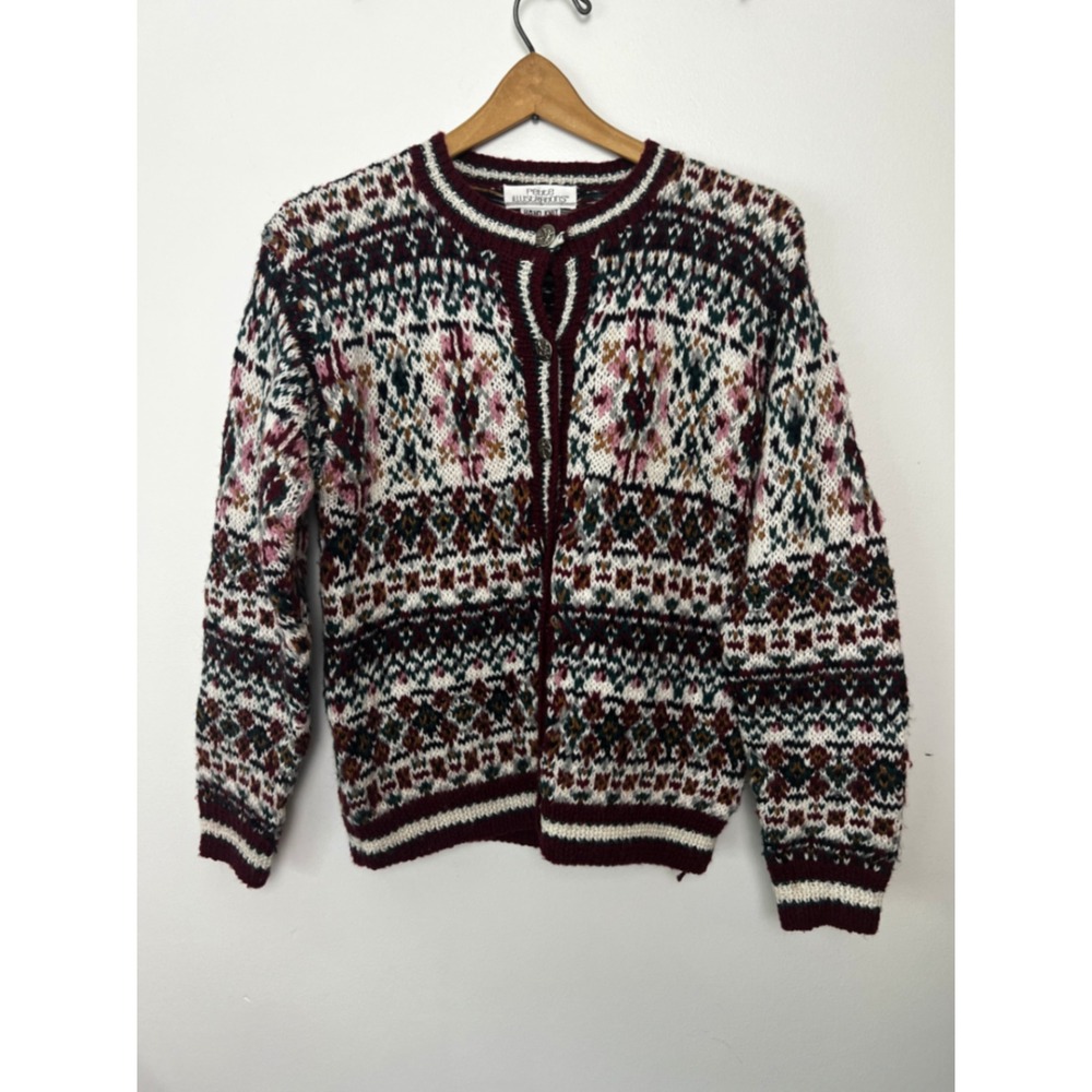 Petite Illustrations Hand‎ Knit Fair Isle Wool Blend Cardigan Burgundy Small